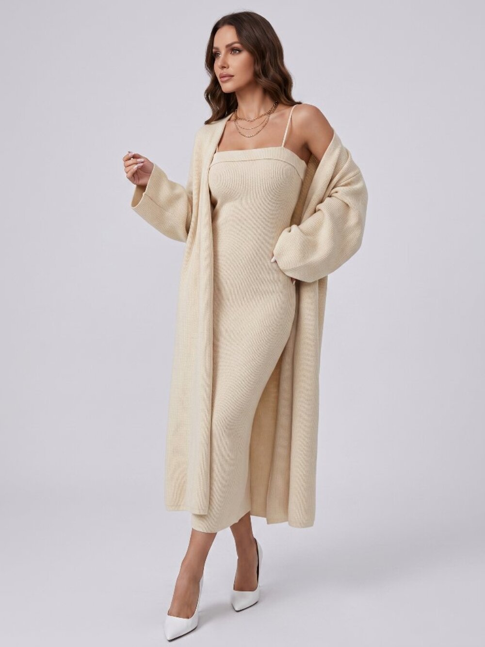 Women's Beige Ribbed Knit Maxi Sweater Dress Long Cardigan 2 Piece Set
